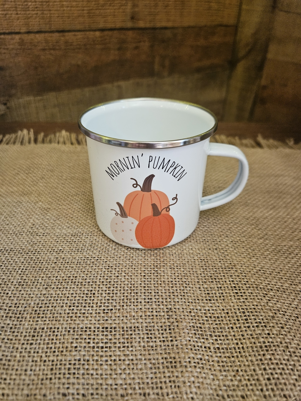 White 'Mornin' Pumpkin' Enamel Mug with Pumpkin Design